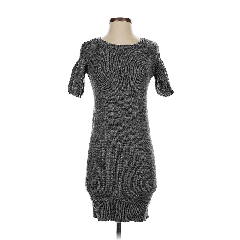 Vince Sweater Dress Womens XS Grey Wool Blend Short Puff Sleeve Ribbed Knit